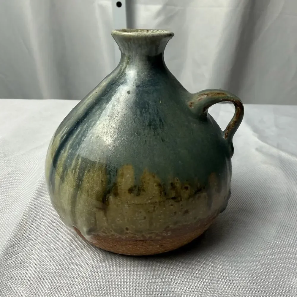 VTG Mingei Style Studio Pottery Stoneware Jug Bud Vase Drip Glaze Blue Green - Picture 4 of 10